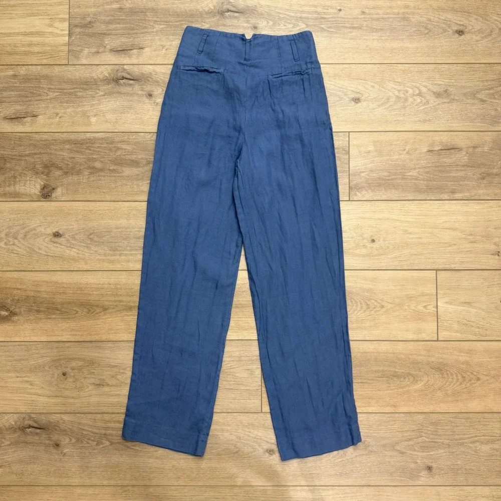 Zara Blue Linen Ultra High Waisted Wide Leg Pleated Trousers Pants Scandi Size S